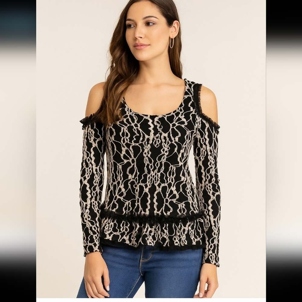 A'Reve Anthropologie Black Lace Cold Shoulder Peplum Long Sleeve Top